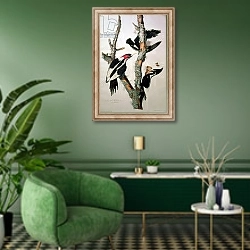 «Ivory-billed Woodpecker, from 'Birds of America', 1829» в интерьере гостиной в зеленых тонах