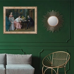 «Времена суток - Утро» в интерьере классической гостиной с зеленой стеной над диваном