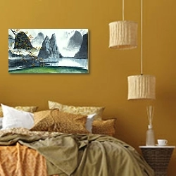 «Китайские горы с туманным озером» в интерьере спальни  в этническом стиле в желтых тонах