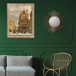 «Belgium Street Scene, 19th century» в интерьере классической гостиной с зеленой стеной над диваном
