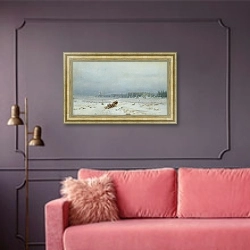 «Зимняя дорога» в интерьере гостиной с розовым диваном