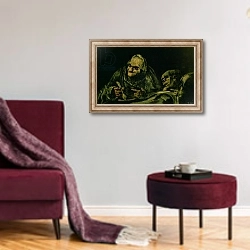 «Two Old Men Eating, one of the 'Black Paintings', 1819-23» в интерьере гостиной в бордовых тонах