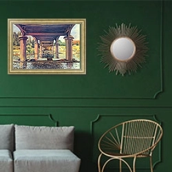 «Под мостом в Хэмптон-корте» в интерьере классической гостиной с зеленой стеной над диваном