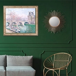 «The Pont-Royal and the Pavillon de Flore, 1903 (oil on canvas» в интерьере классической гостиной с зеленой стеной над диваном