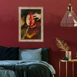 «Scarlett Girl, 2014, screen print» в интерьере спальни с акцентной стеной