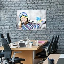 «Портрет горнолыжницы» в интерьере современного офиса с черной кирпичной стеной
