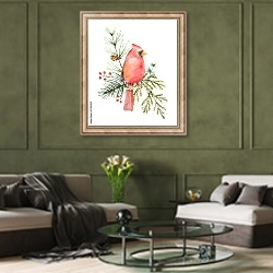 «Птица Кардинал и еловые ветки» в интерьере гостиной в оливковых тонах