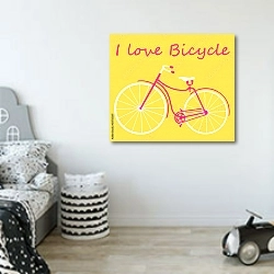 «Женский ретро-велосипед на желтом фоне» в интерьере детской комнаты для мальчика в светлых тонах