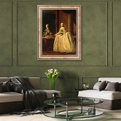«Портрет Екатерины II перед зеркалом 2» в интерьере гостиной в оливковых тонах
