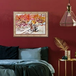 «autumn tree tops» в интерьере спальни с акцентной стеной