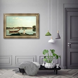 «Рыбаки. Вид в Спасском. Вторая половина 1840-х» в интерьере классической гостиной с зеленой стеной над диваном