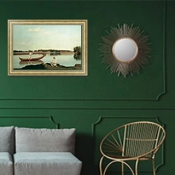 «Рыбаки. Вид в Спасском. Вторая половина 1840-х» в интерьере классической гостиной с зеленой стеной над диваном