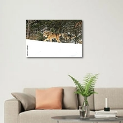 «Два волка, бегущих по зимнему лесу» в интерьере современной светлой гостиной над диваном