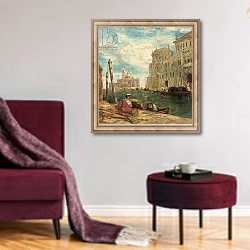 «View in Venice, Italy» в интерьере гостиной в бордовых тонах