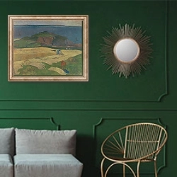 «Harvest - Le Pouldu» в интерьере классической гостиной с зеленой стеной над диваном
