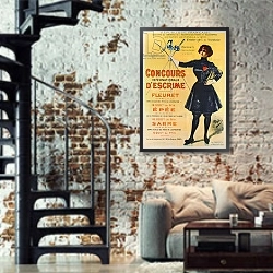 «Poster advertising the International Fencing Competitions, 1900» в интерьере двухярусной гостиной в стиле лофт с кирпичной стеной