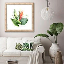 «Акварельный букет тропических листьев и цветов 4» в интерьере светлой гостиной в скандинавском стиле над диваном