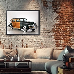 «Chrysler Town&Country '1941» в интерьере гостиной в стиле лофт с кирпичной стеной