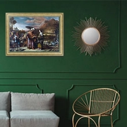 «Ребекка и Элизер у колодца» в интерьере классической гостиной с зеленой стеной над диваном