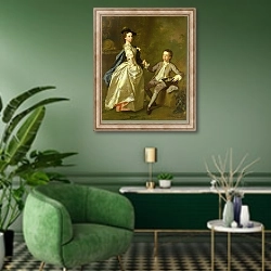 «The Hon. Rachel Hamilton and her brother, the Hon. Charles Hamilton, 1740» в интерьере гостиной в зеленых тонах