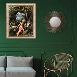 «St. Jerome 4» в интерьере классической гостиной с зеленой стеной над диваном