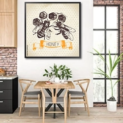«Иллюстрация с медовыми сотами и пчелами» в интерьере кухни с кирпичными стенами над столом