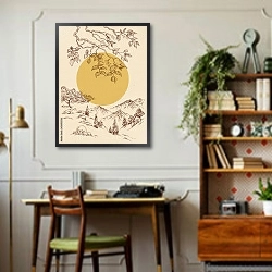 «Панорама сада с желтой луной» в интерьере кабинета в стиле ретро над столом