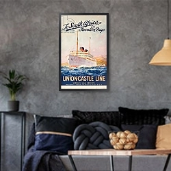 «To South Africa in Seventeen Days; an advertising poster for Union Castle Line,» в интерьере гостиной в стиле лофт в серых тонах
