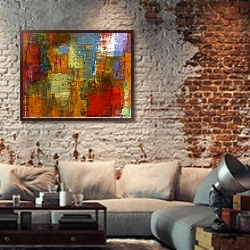 «Абстрактная картина #27» в интерьере гостиной в стиле лофт с кирпичной стеной