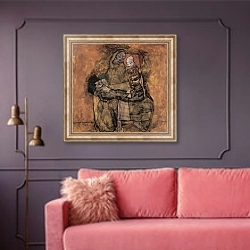 «Мать с двумя детьми» в интерьере гостиной с розовым диваном
