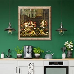 «Still Life with Flowers, Fruits and Shells» в интерьере кухни с зелеными стенами