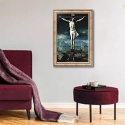«Christ on the Cross, before 1650» в интерьере гостиной в бордовых тонах