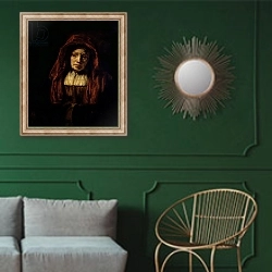 «Portrait of an Old Woman 2» в интерьере классической гостиной с зеленой стеной над диваном