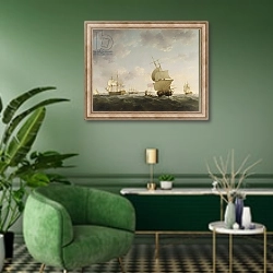 «Shipping in the English Channel, c.1755» в интерьере гостиной в зеленых тонах