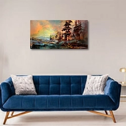 «Яркий ветреный пейзаж с соснами и домами» в интерьере современной гостиной с синим диваном
