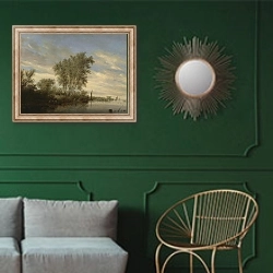«Речной пейзаж 4» в интерьере классической гостиной с зеленой стеной над диваном