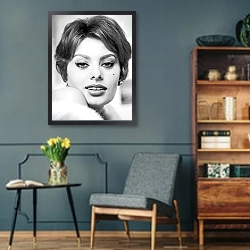 «Loren, Sophia 16» в интерьере гостиной в стиле ретро в серых тонах