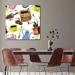 «Кофейный набор, паттерн» в интерьере столовой с серыми стенами