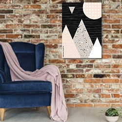 «Абстрактная геометрическая композиция 19» в интерьере в стиле лофт с кирпичной стеной и синим креслом