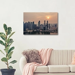«Закат над Сингапуром» в интерьере современной светлой гостиной над диваном