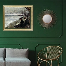 «Осень. 1893» в интерьере классической гостиной с зеленой стеной над диваном