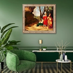 «The Three Philosophers» в интерьере гостиной в зеленых тонах