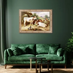 «Calves and Poultry by a Byre, 1922» в интерьере зеленой гостиной над диваном