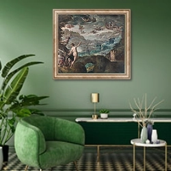«Пейзаж с изгнанием гарпий» в интерьере гостиной в зеленых тонах