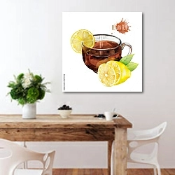 «Акварельная чашка чая с лимоном» в интерьере кухни с деревянным столом