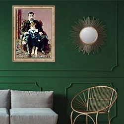 «Portrait of Arman Frantsevich Aziber and his son, 1915» в интерьере классической гостиной с зеленой стеной над диваном