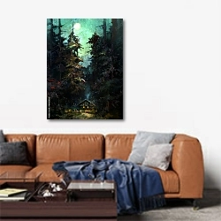 «Ночной пейзаж с домом в лесу под луной» в интерьере современной гостиной над диваном