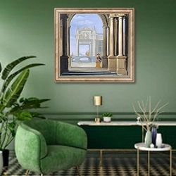 «The Entrance to a Palace» в интерьере гостиной в зеленых тонах