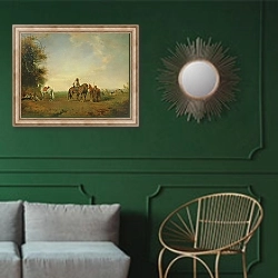 «Resting place of the Arab horsemen on the plain, 1870» в интерьере классической гостиной с зеленой стеной над диваном