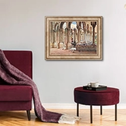 «The Cloisters, Monreale» в интерьере гостиной в бордовых тонах
